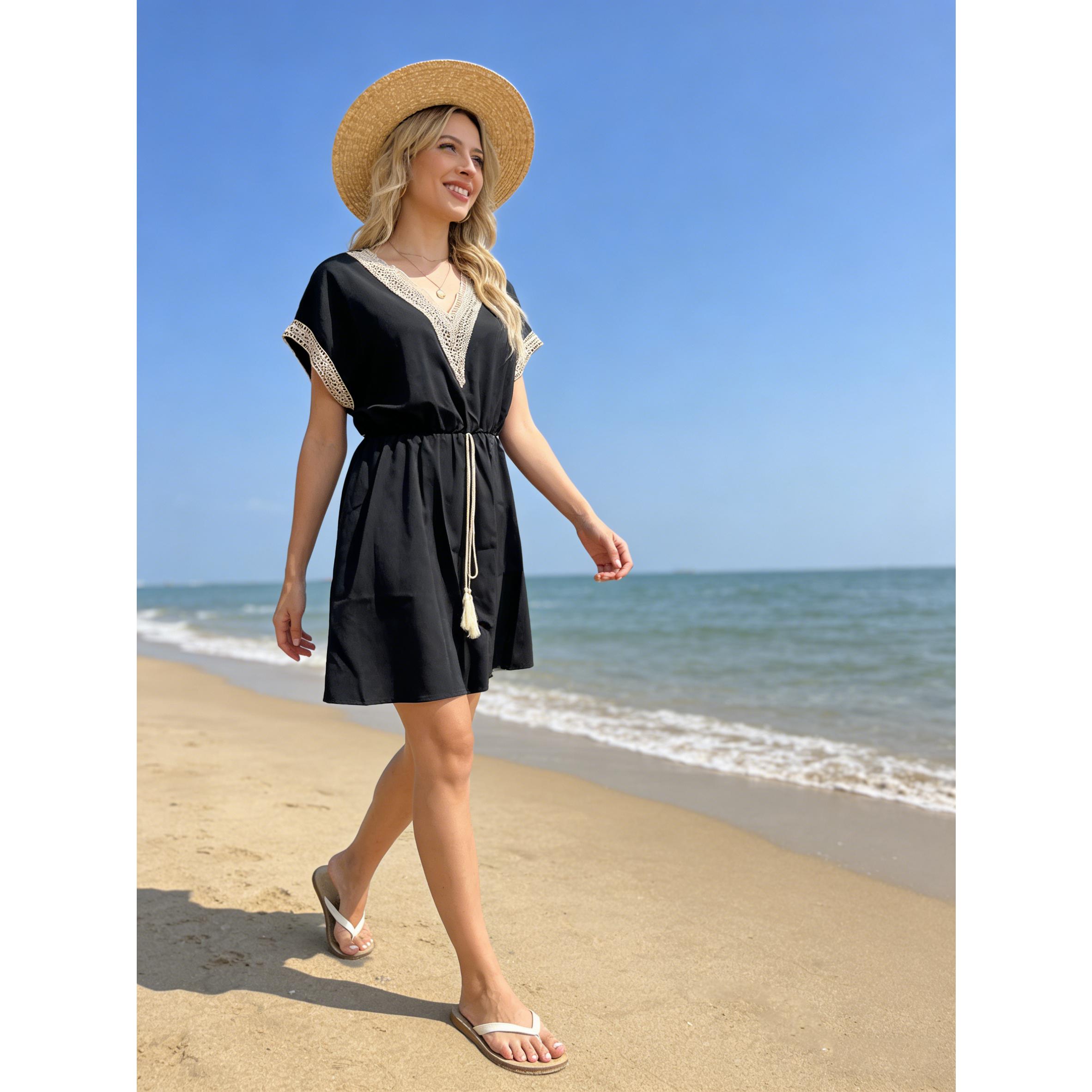 Boho Crochet V-Neck Tunic Top Chic Tassel Waist Summer Mini Dress | Size S-XL | Perfect for Beach, Vacation & Casual Streetwear