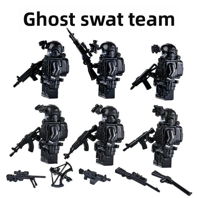 Military Black Ghost SWAT Minifigure Set Backpack Gun Building Blocks Tactical Belt Accessories Birthday Gifts