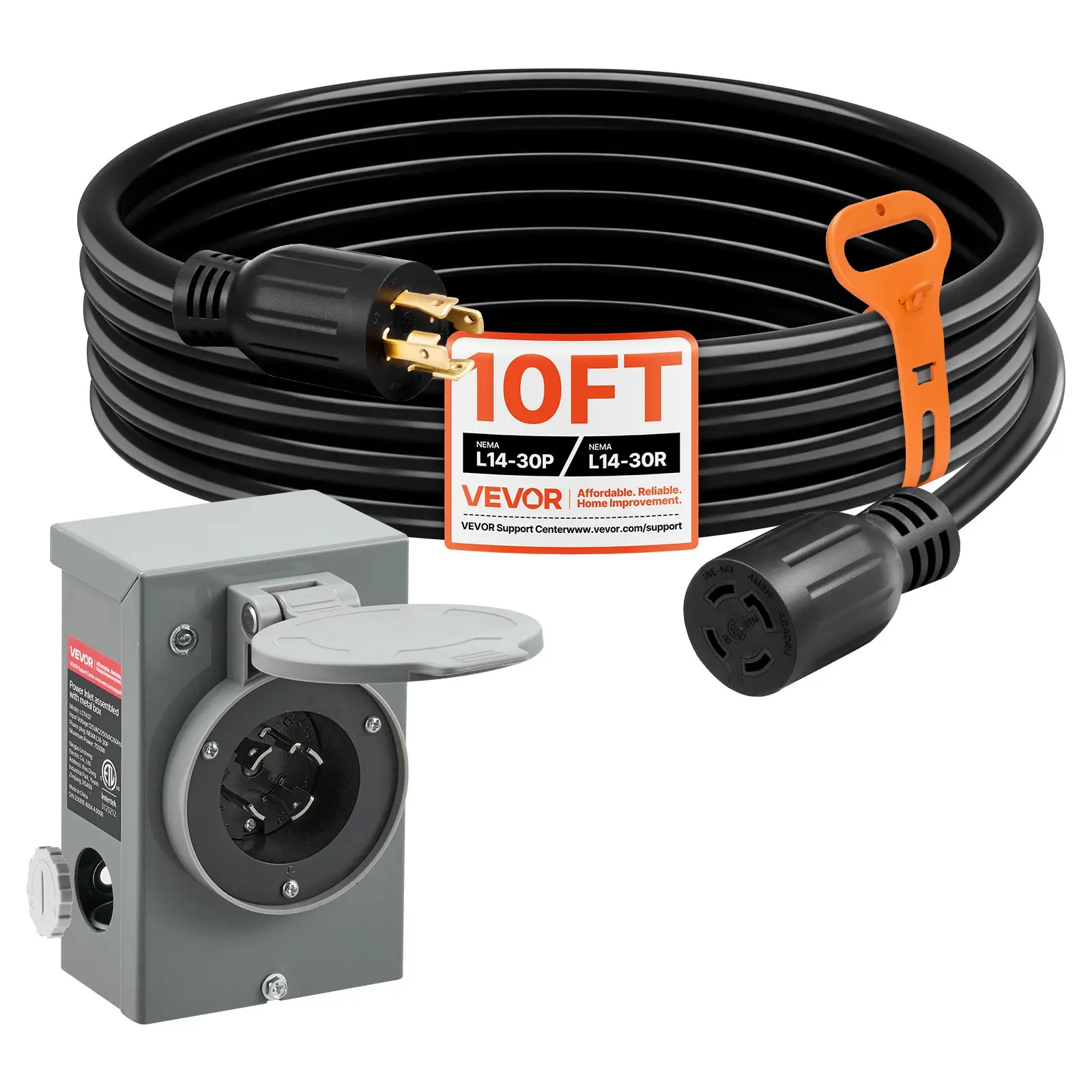 VEVOR 30 Amp Generator Cord and Power Inlet Box, 10 FT, 125/250V NEMA L14-30P to L14-30R Heavy Duty Extension Power Cord, SJTW 10 Gauge 7500W, Pre-Drilled Inlet Box, for Generator to House, ETL Listed