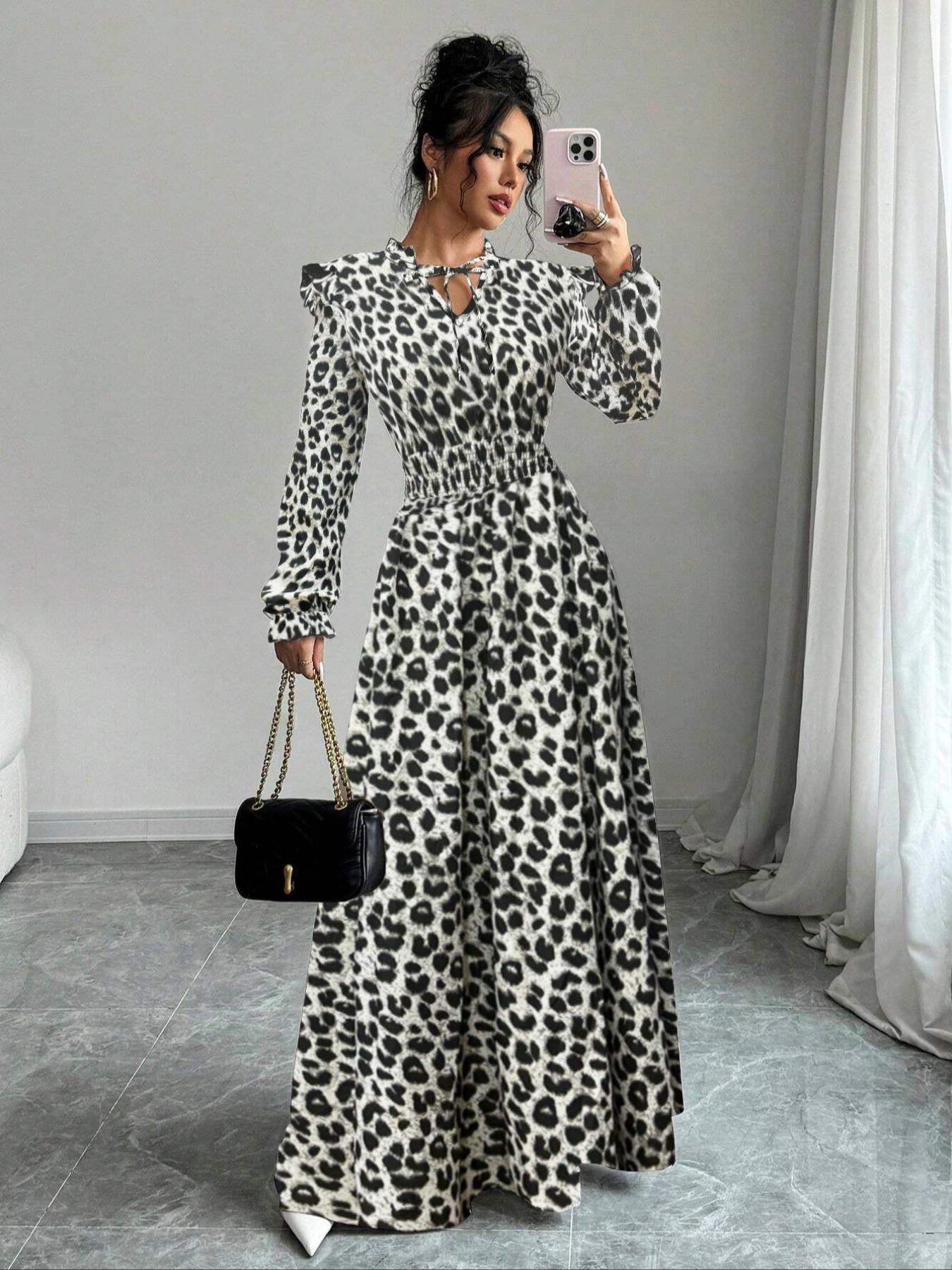 Women's Floral Print Self-Belted Neck Dress, Spring & Fall Long Sleeve A-Line Maxi Skirt, Boho Elegance Style, Slimming Set