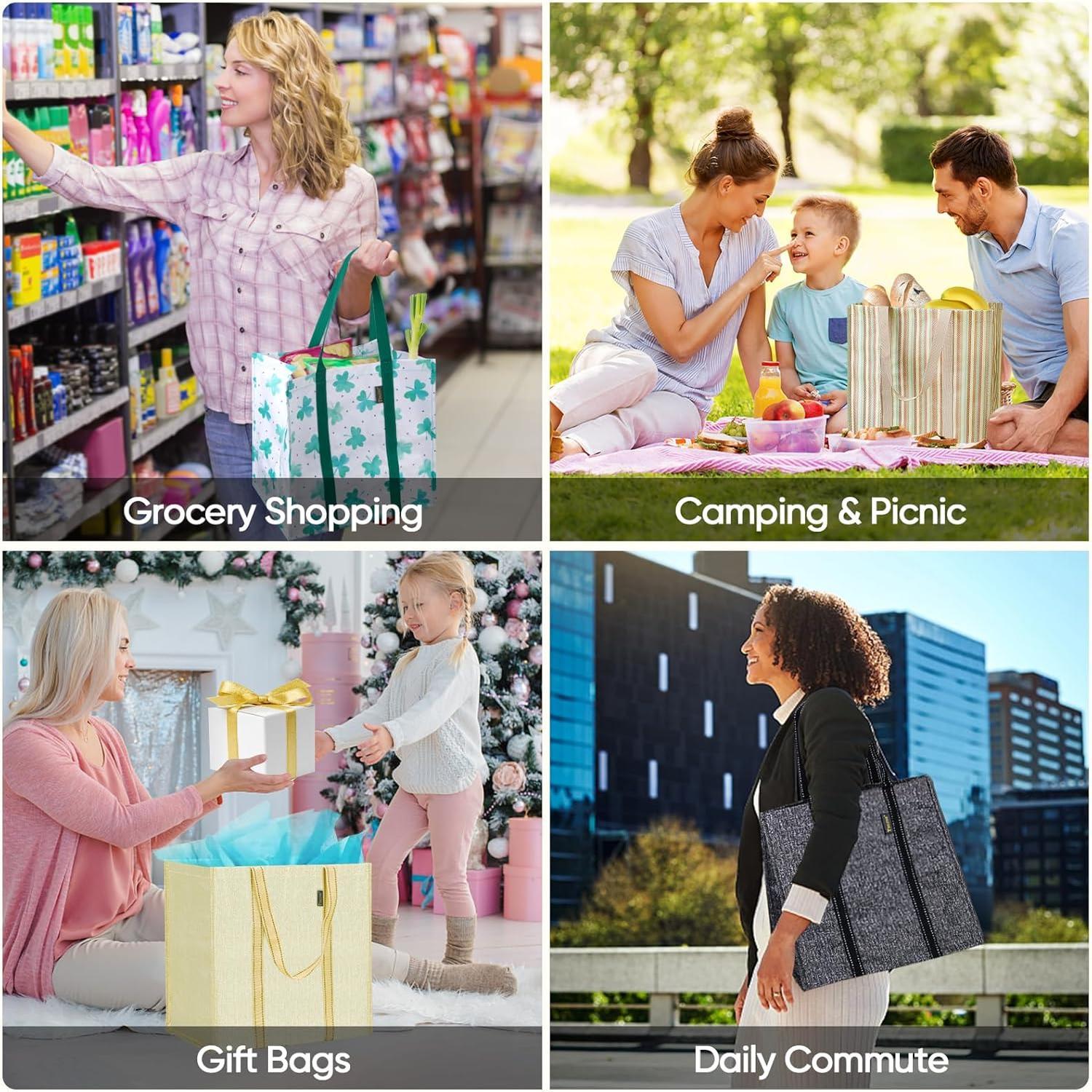 4 Pack Extra Thick Reusable Grocery Bags - Heavy Duty & Rip-Resistant, Large Capacity Foldable Totes for Supermarket, Travel & Bulk Shopping