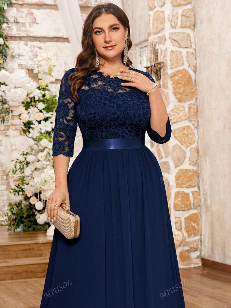 Formal Hem Pleated Elegant MIUSOL Floral Lace Chiffon Party Dress