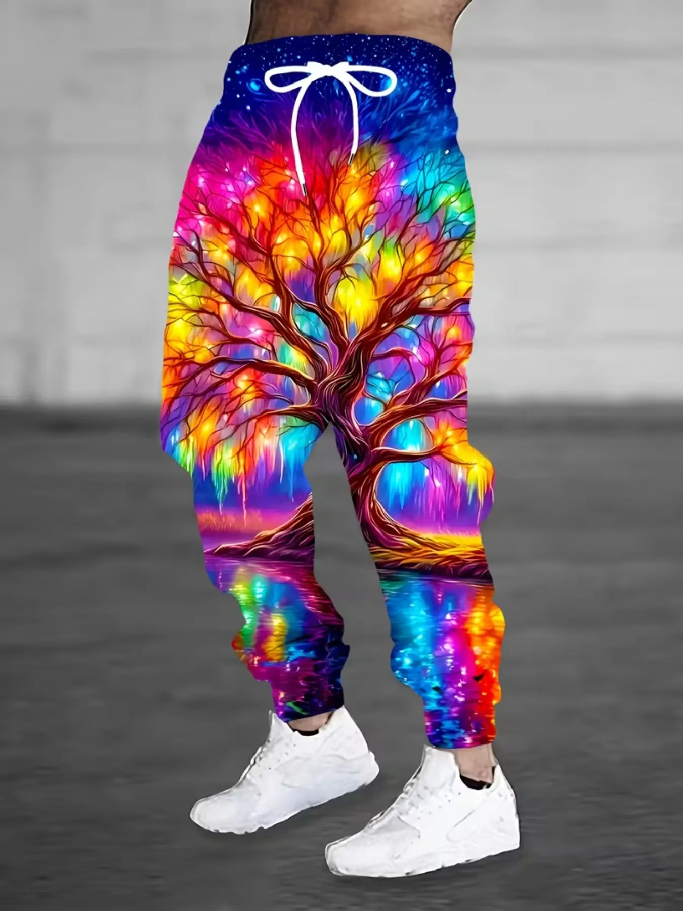 Men's Starry Aurora Wishing Tree Digital Print Sweatpants, Casual Fitted Ankle Length Pants, All Seasons Geometric Design