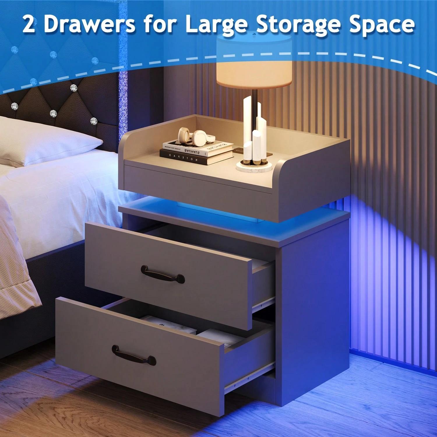 LED Nightstand With Drawers, LED Night Stand With Charging Station, Bedside Table For Bedroom, Modern Night Stand With 2 Wood Drawers End Side Table For Bedroom, Black/ White/ Grey