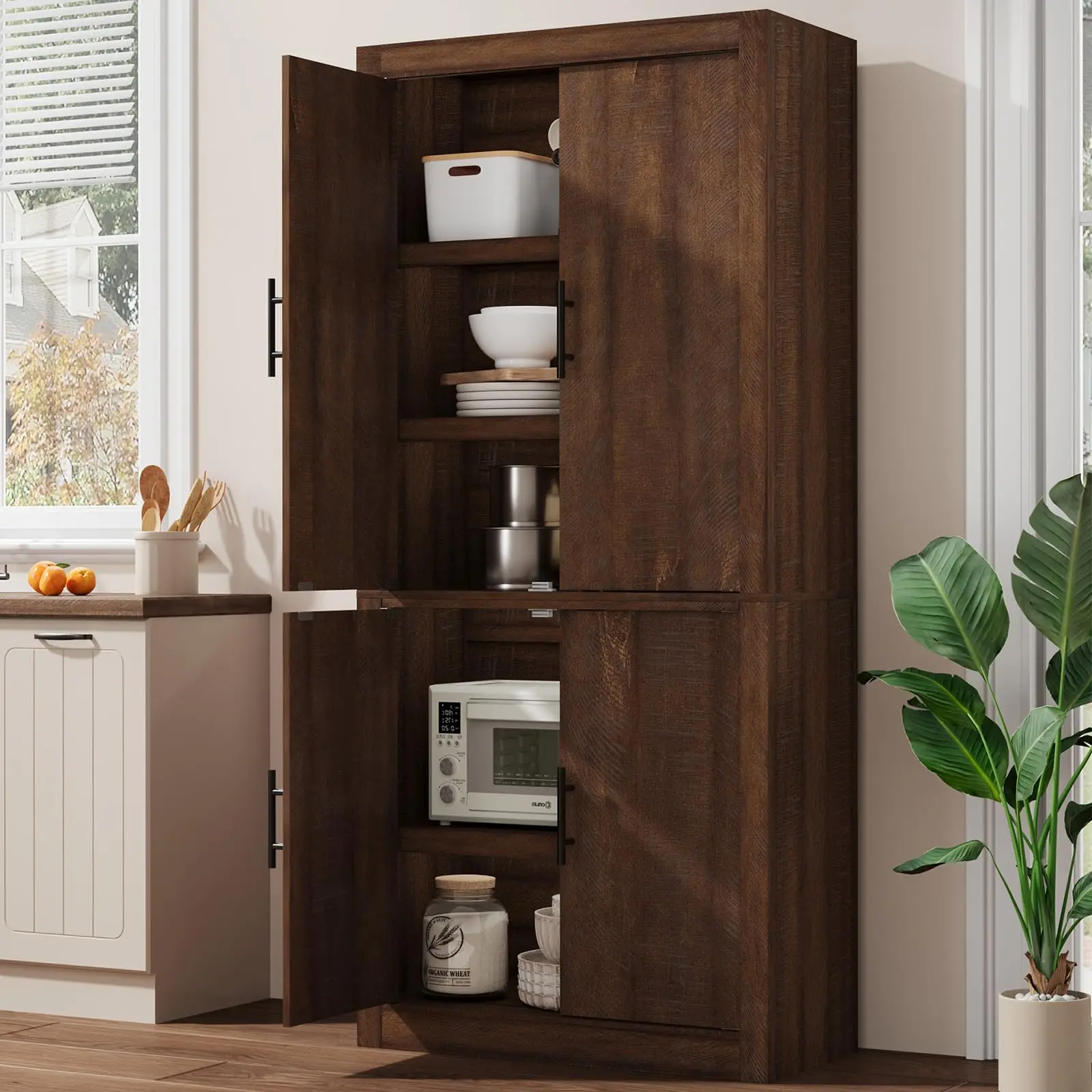 70" Tall Wood Storage Cabinet with 4 Doors, Freestanding Farmhouse Pantry Cupboard with Adjustable Shelves, Sturdy Frame, Large Kitchen Food Organizer for Dining Room Living Room Office
