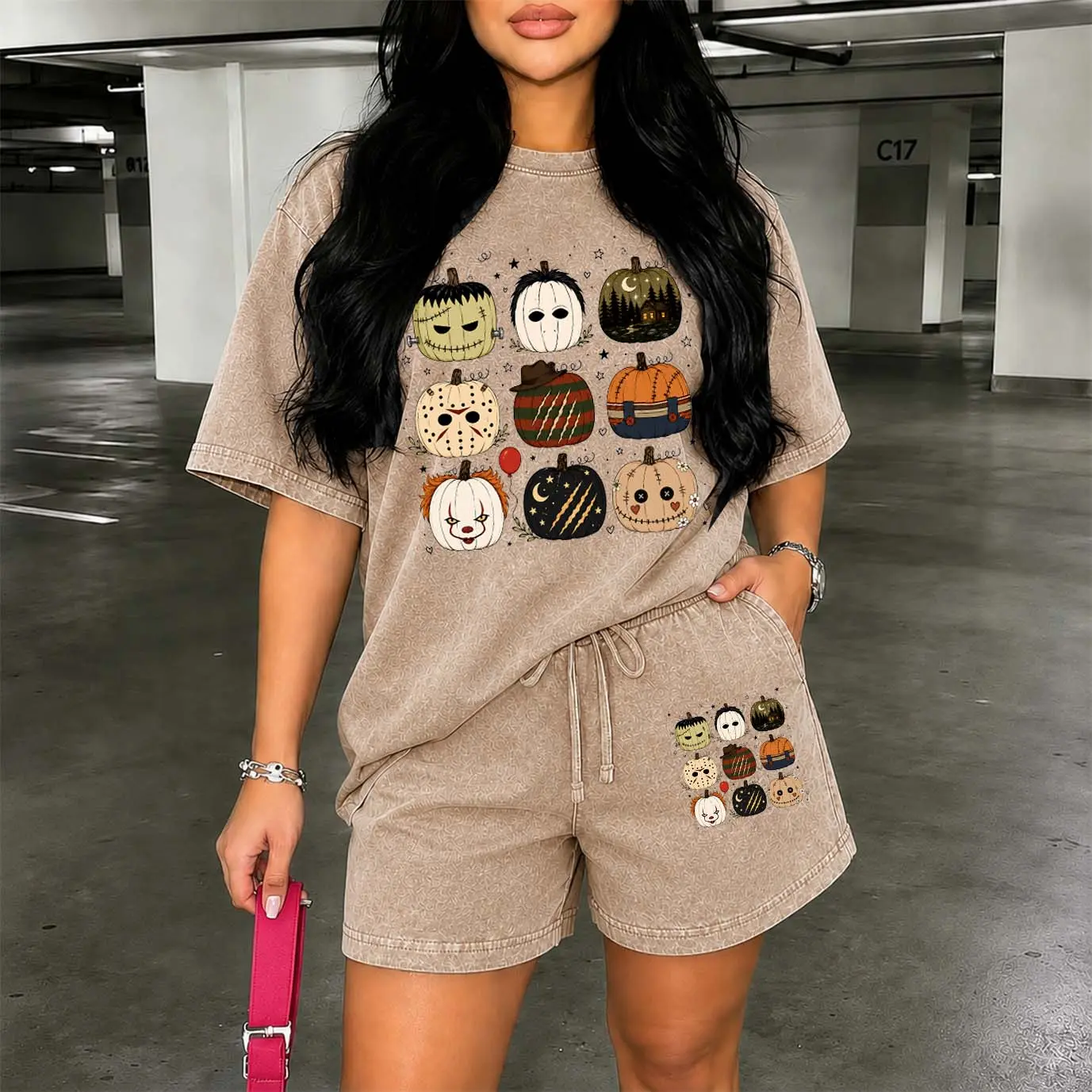 Women's Washed Cotton Shorts Two-Piece Set: A Uniquely Styled Halloween Ghost-Themed Party Outfit. Featuring Skull Pumpkin Patterns, And Pumpkin Designs. Also Suitable As Casual Summer Loungewear.