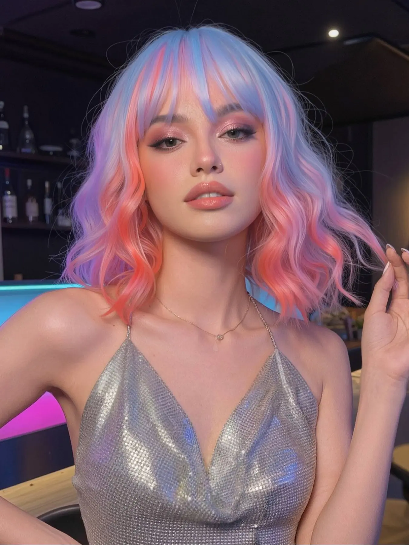 Blue Gradient Short Wavy Bob Wig for Women, Airy Bangs Y2K Style, Rainbow Color Full Headpiece, Festival Halloween Cosplay Daily Wear