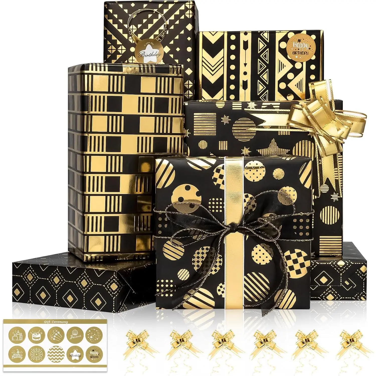 Metallic Black Foil Wrapping Paper Set with Bow & Sticker, Modern Pre-Cut 6 Sheets (27.5x19.6in) with Metallic Shine & Mirror Texture for Men’s Birthday, Graduation Gifts Wrapping