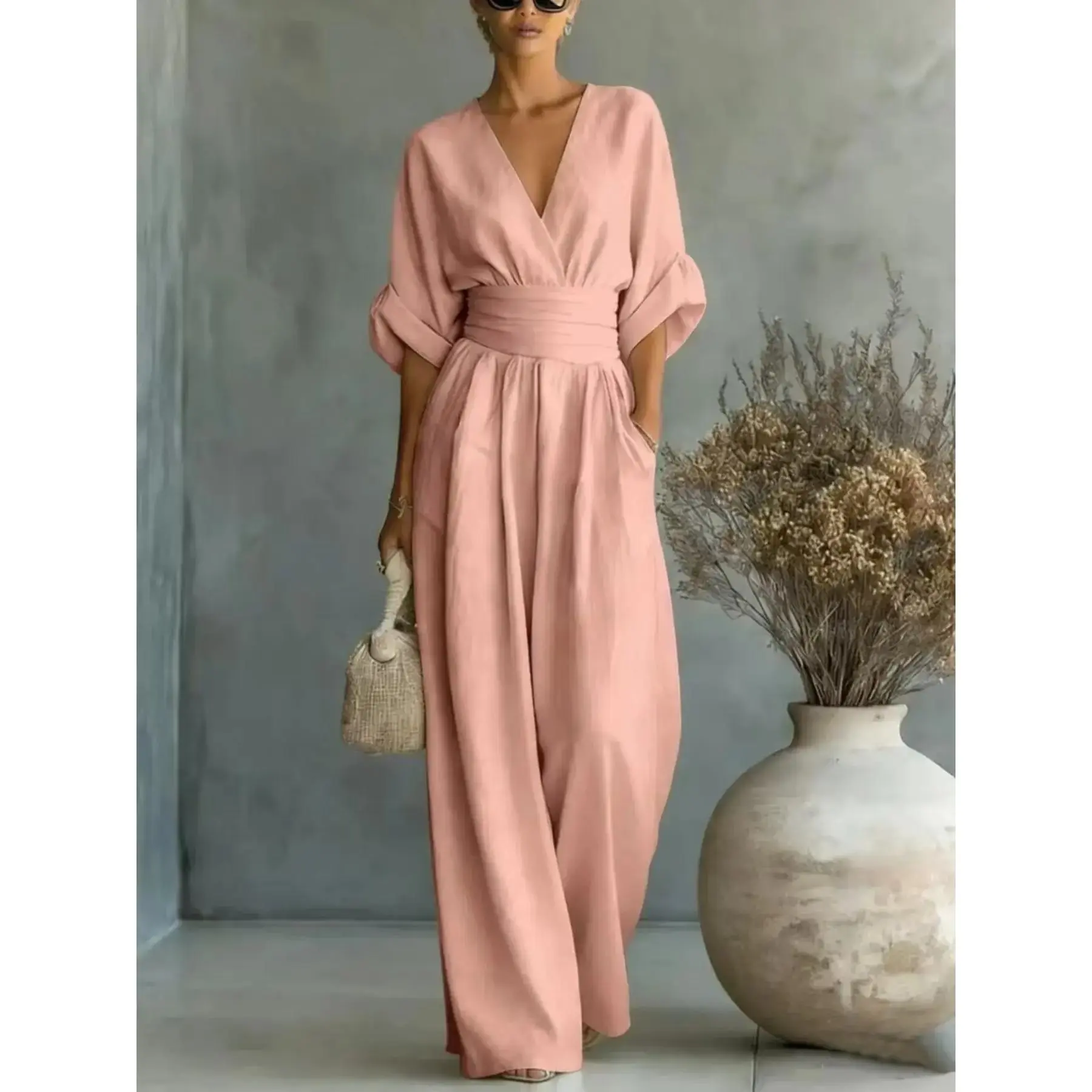 Women’s V Neck Wide Leg Jumpsuit, Elegant Minimalist Office, Business Casual Workwear, Chic Dressy One Piece for Women