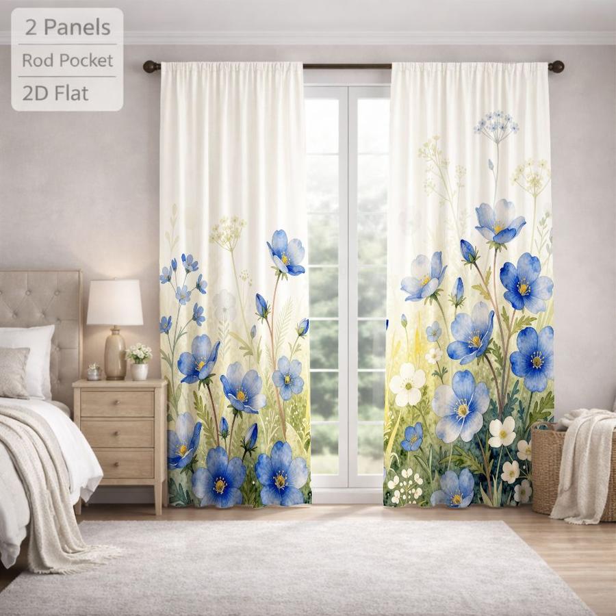 2Pcs Floral Rustic Blue Flower Meadow Sun Blocking Curtains Digital Printed Rod Pocket, Window Treatment For Bedroom Office Kitchen Living Room Study Home Decor