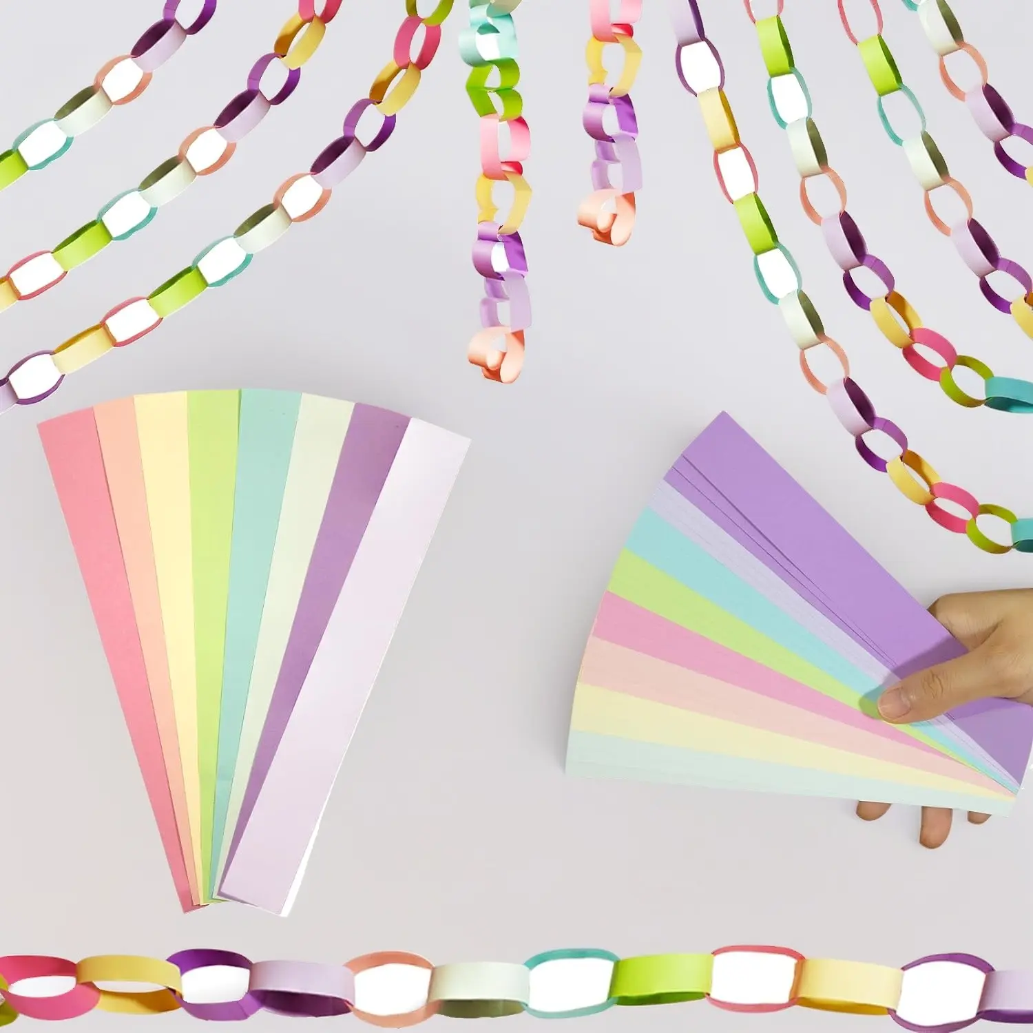 Paper Chain Garland Kit, 600 Sheets 7.9 Inch Precut Paper Strips for DIY Rainbow Chain, Construction Paper Crafts for Birthday Party Wedding Shower Decor, with Double Sided Tape (Macaron)