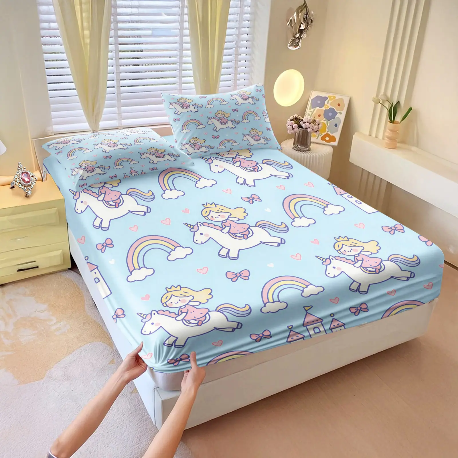 3Pcs Macaron Fairy Tale Unicorn Girlish Fitted Sheet Set, Cute Bed Sheets, Full Print Rainbow Castle Bow Motifs, Soft Deep Pocket Microfiber, Perfect Birthday Bedding Gift For Teen Girl Themed Bedrooms, Matching Bedding