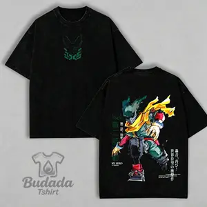 Vintage Acid Wash Oversized Unisex Cotton T-shirt Men's Fashion Tshirt My Hero Academia Izuku Midoriya Dark Deku Double Sided Print Anime Graphic Streetwear Tee Anime Fan Gift Funny T-shirt for Men