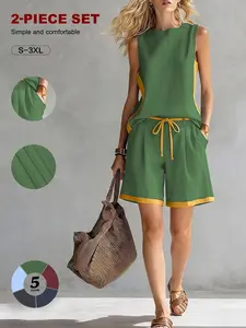 Women's 2 Piece Set Casual Sleeveless Color Block Tank Tops and Drawstring Waist Shorts, Loose-Fitting Summer for All Seasons