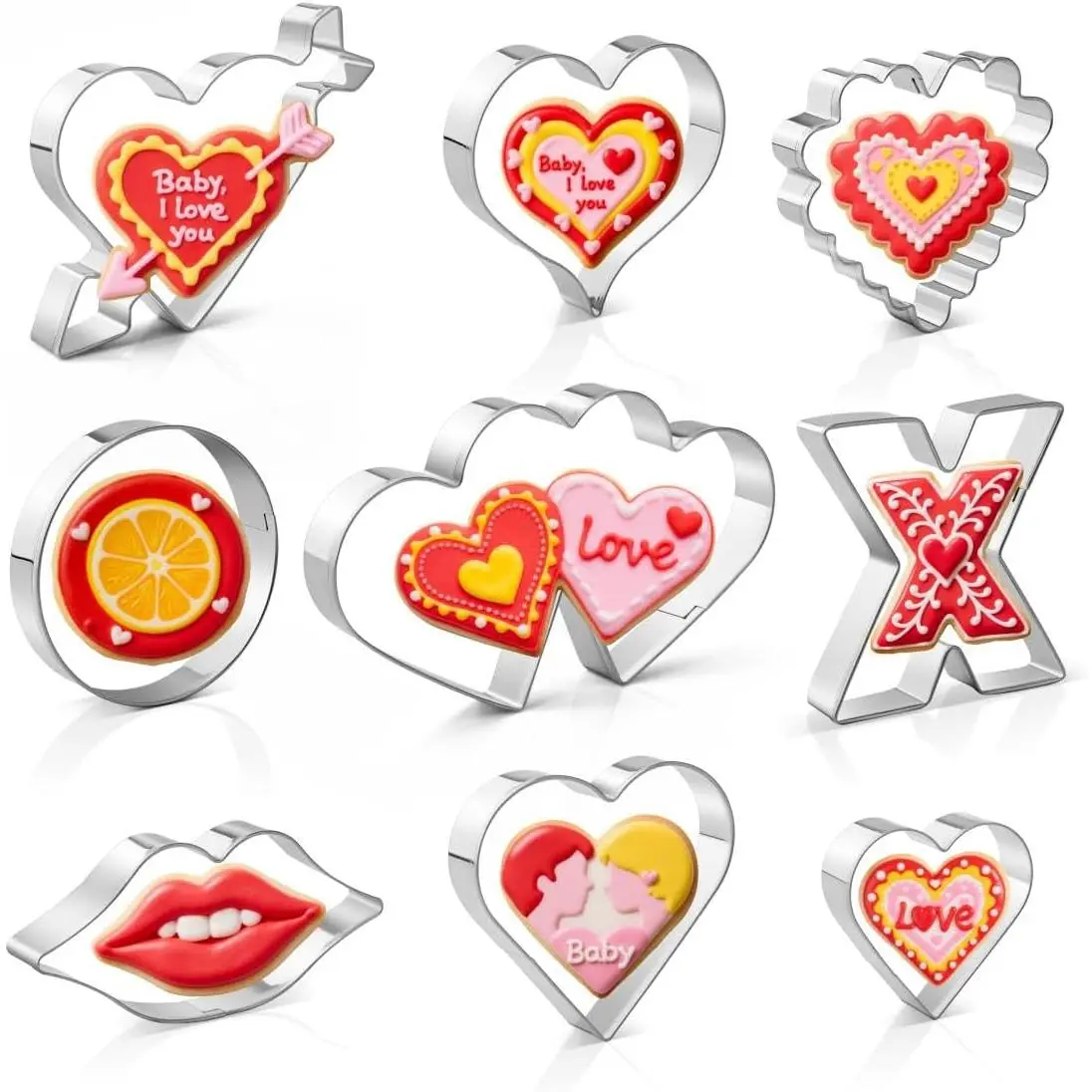 Heart Cookie  Set, Valentine’s Day Cookie Cutters 9 count, Stainless Steel Metal Heart Shapes Cookie Cutters Molds for Valentine Anniversary