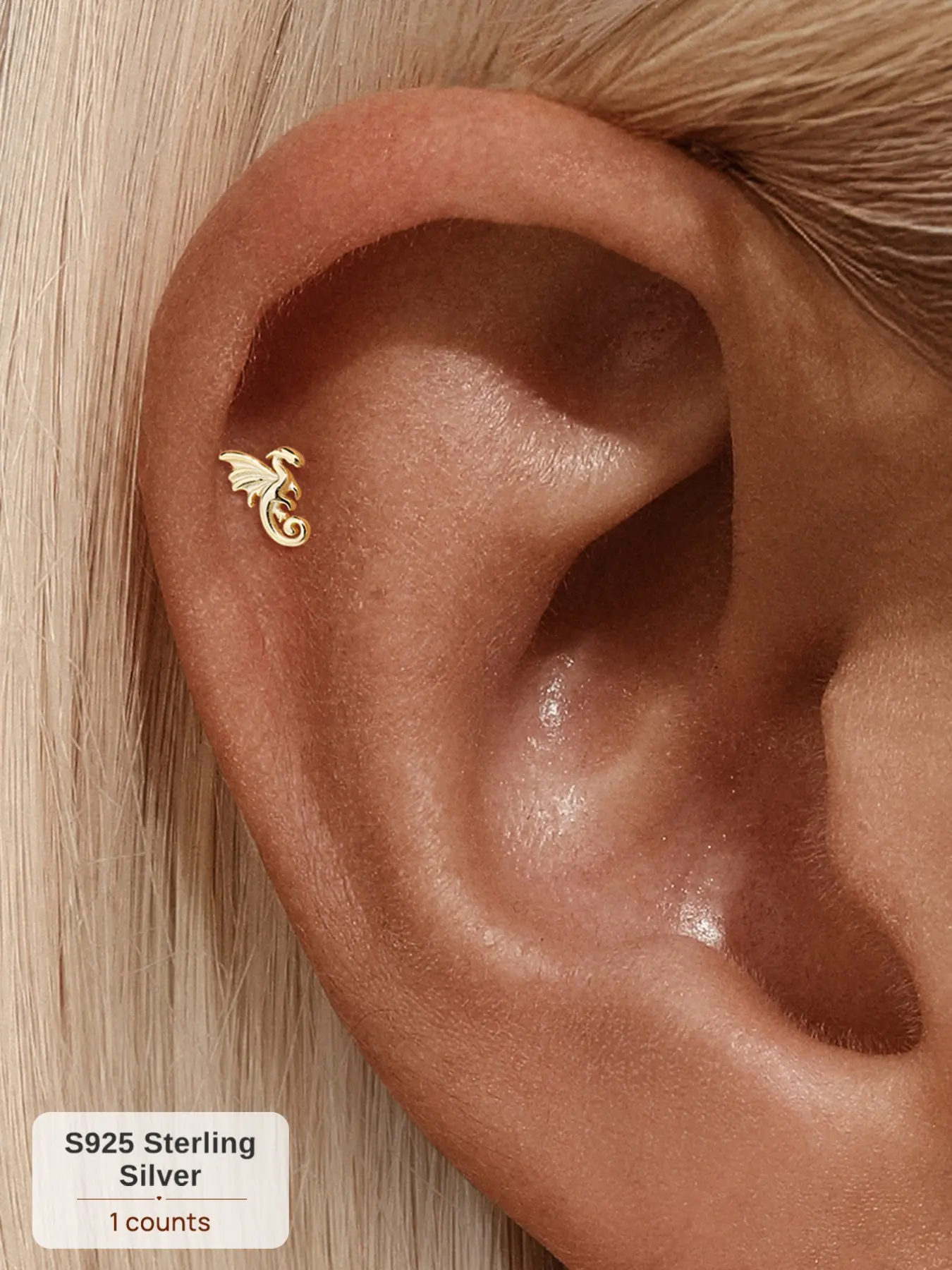 18K Gold Plated S925 Sterling Silver Polished Smooth Playful Animal Flying Dragon Threaded Flat Back Cartilage Earring, Hypoallergenic for Sensitive Ears Helix Conch Tragus Piercing Cool Ear Stack Jewelry for Daily Wear Date Party Music Festival Gift for
