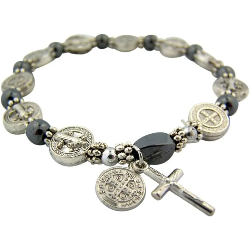 Tone Saint Benedict Medal Hematite Bead Rosary Bracelet, 7 1/2 Inches | Adult stretch rosary bracelet with hematite beads and a -tone Saint Benedict medal for daily devotional wear.