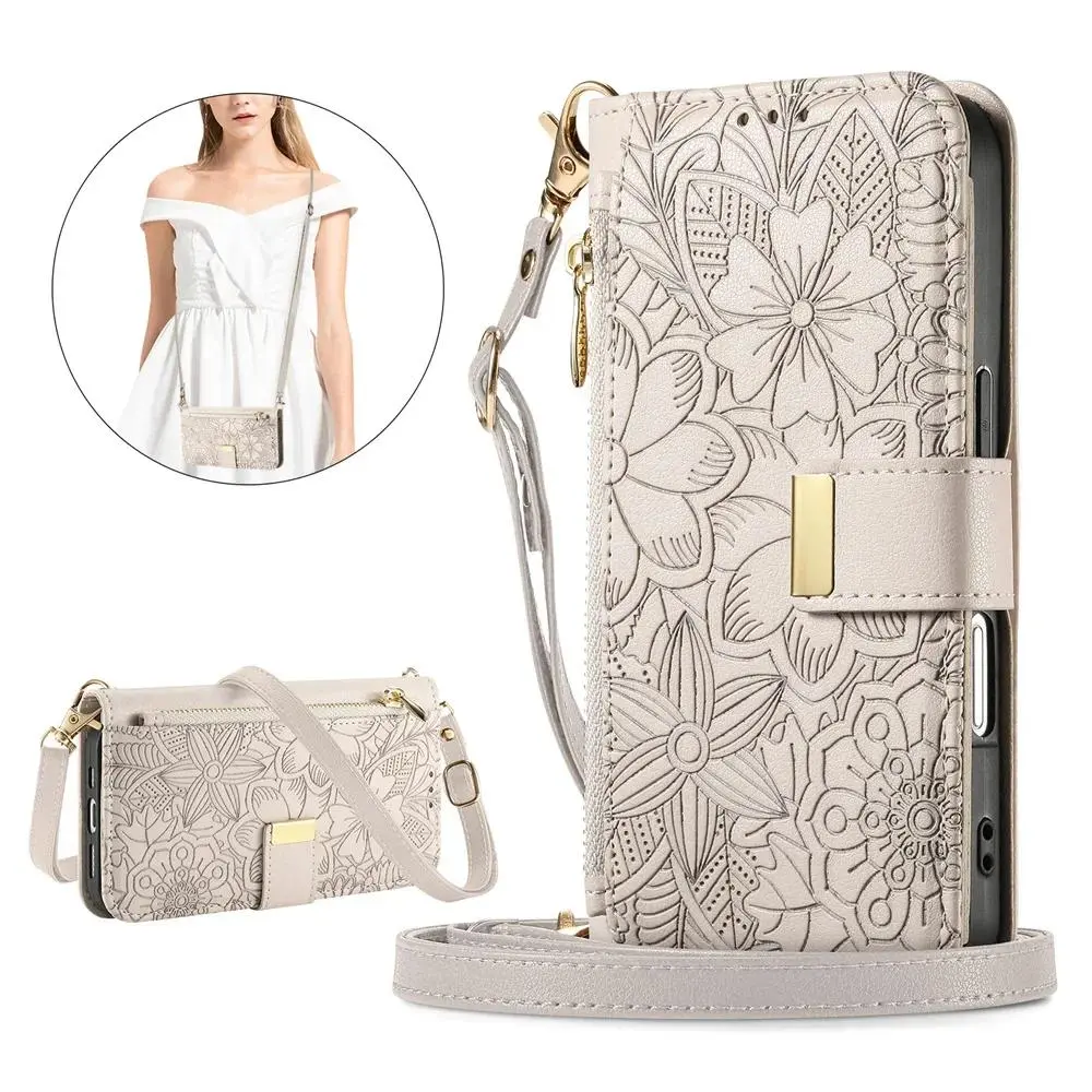 Leather Zipper Crossbody Flip Wallet with Card Slots, Wrist Strap - Protective Smartphone Casing, Mobile Phone Accessory for iPhone 12/13/14/15/16E/16 Plus/17 Pro Max Funda Cover