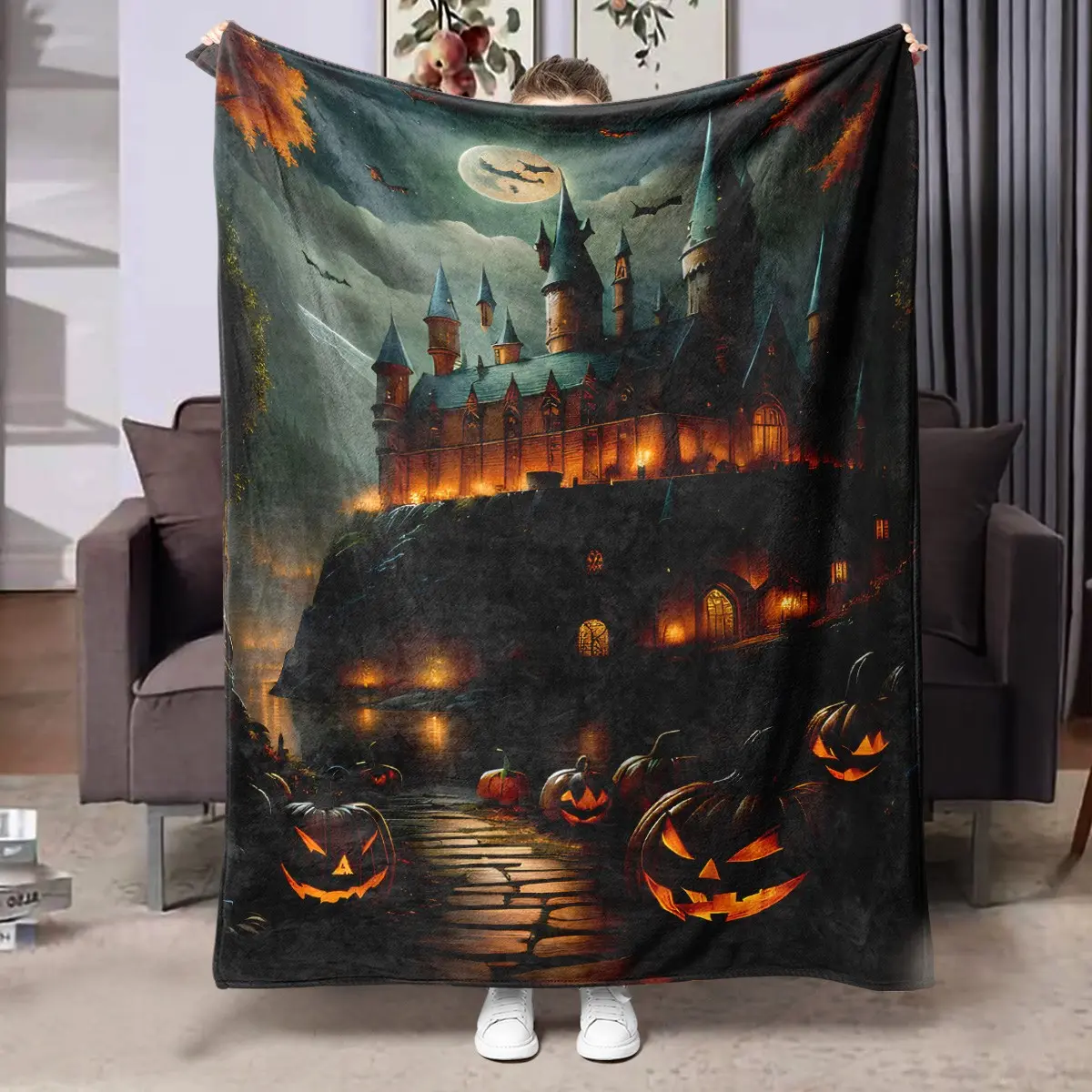 1PC Halloween Hogwarts Magic Castle Pumpkin Bat Moon Night Oil Painting Print Flannel Blanket, Soft Skin-Friendly Anti-Pilling Machine Washable Lightweight Warm, Suitable For All Seasons For Home Sofa Rest, Bedroom Naps, Halloween Atmosphere Cover Use, Id