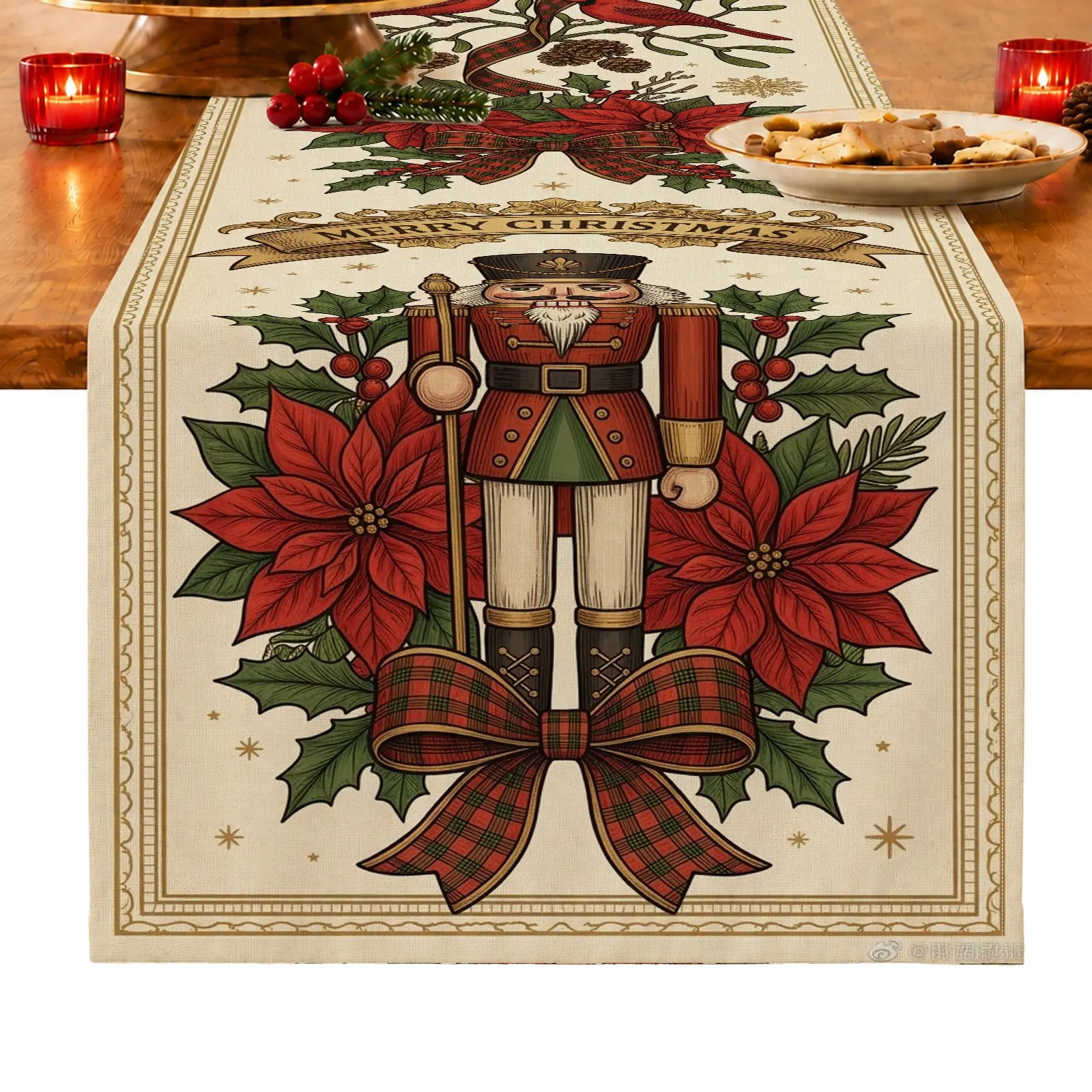 1pc Nutcracker Poinsettia & Holly Table Runner, Vintage Christmas Style, for Dining Table, Kitchen, Christmas Dinner & Holiday Gathering, Christmas Table Decoration and Festive Home Decor