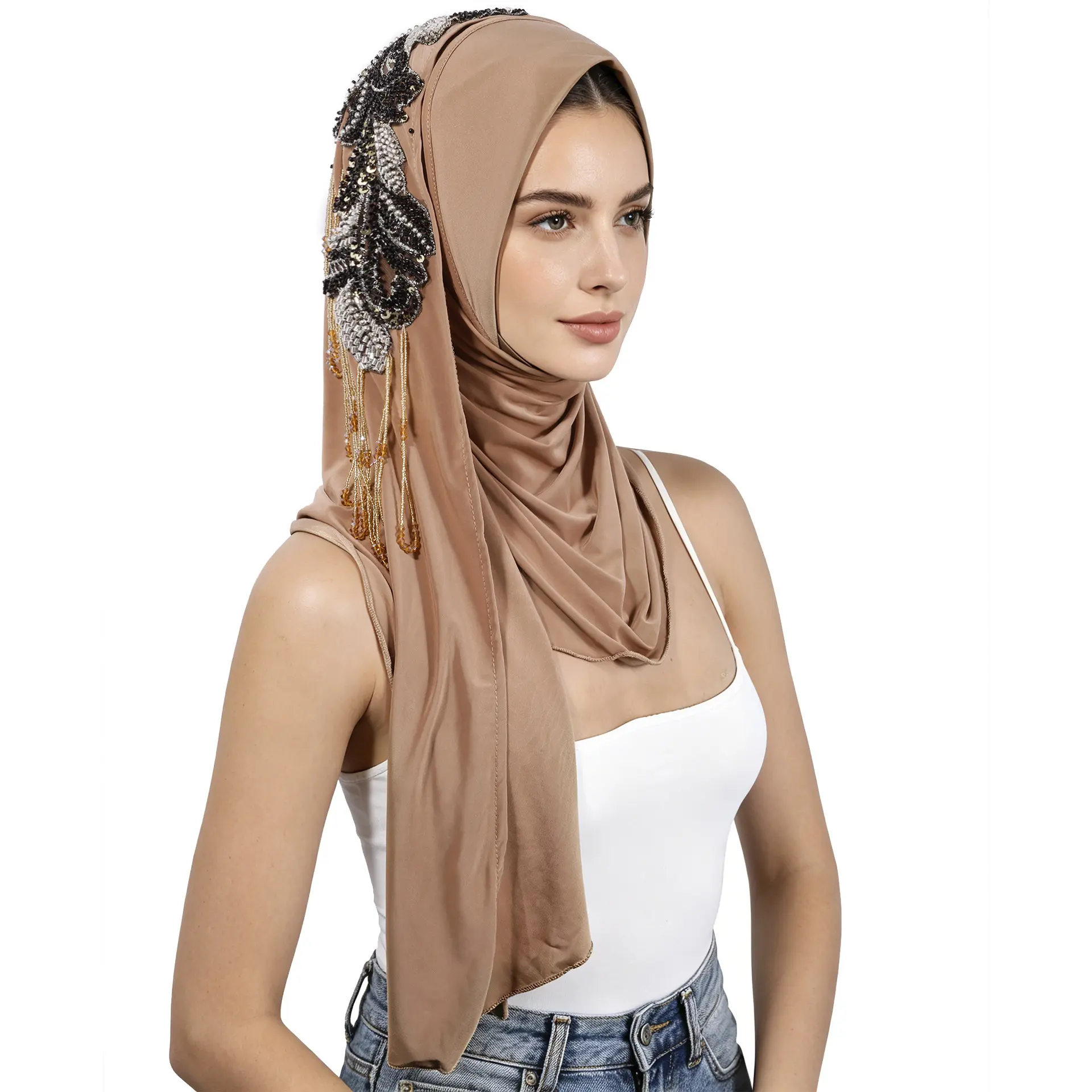 Women's 1-Size Viral Tan Beaded Leaf Appliqué Draped Jersey Sports Headwrap, Soft Stretch Full Coverage Bonnet with Hanging Beaded Tassels for Church, Evening Party Modest Fashion, One Size
