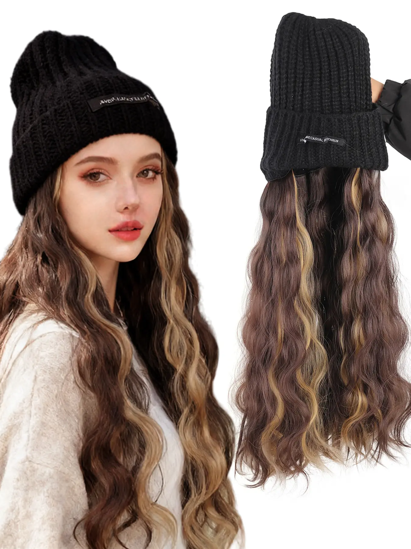 Beanie Wig for Women, Knit Hat with Synthetic Hair Attached, Warm Beanie Hat Wig for Autumn and Winter, Natural Curly Hairpiece, Easy to Wear, Synthetic Wavy Wig