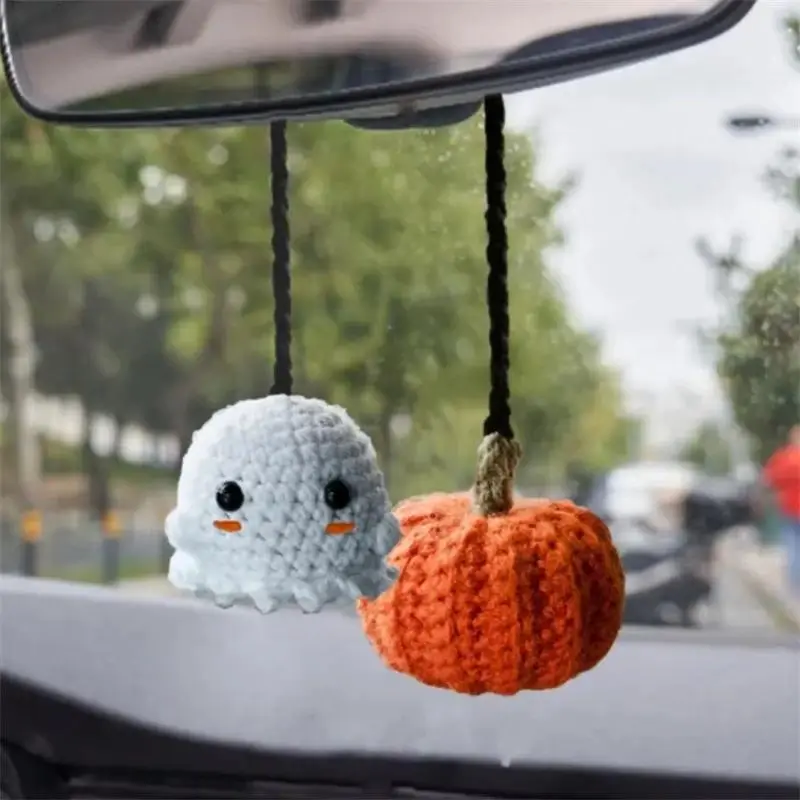 Handmade Crochet Car Charm - Amigurumi Ghost & Pumpkin Trinkets, Cute Car Accessories, Spooky Halloween Vehicle Decor for Rear View Mirror, Handmade Craft, Car Trinkets