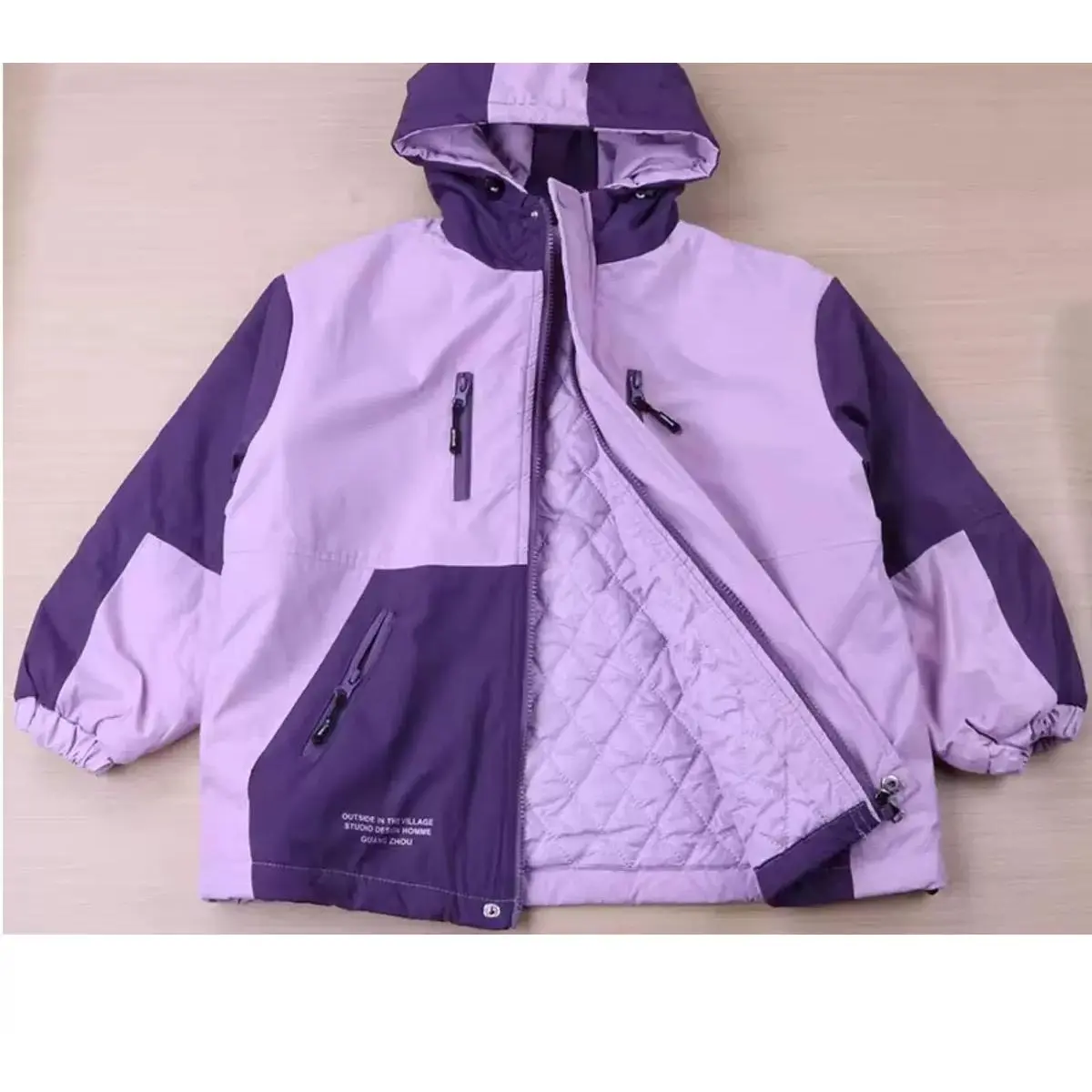 Girls Color Block Hooded Padded Jacket, Purple Spliced Windproof Kids Coat, Quilt Lined Warm Outerwear, Fashion Casual Windbreaker For Spring Autumn Outdoor Activities And Daily Wear