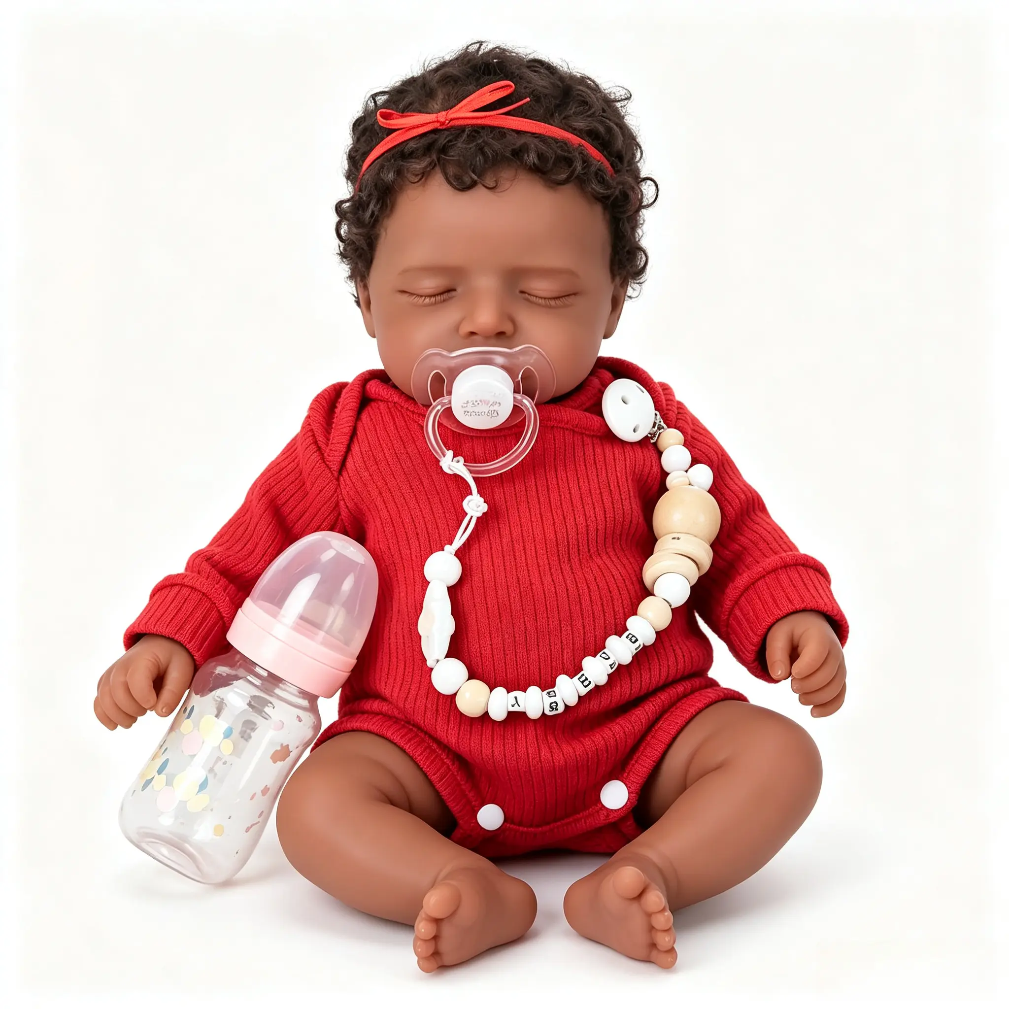 Miracles 18-Inch (46cm) Reborn Baby Doll Dark Skin Sleeping Newborn - Cute Newborn Doll, Curly Hair Dark Skin Reborn Baby Collectible Art Doll with magnetic pacifier, Milk Bottle, Diaper, Kids Toys for 3+ (Birthdays, Christmas)