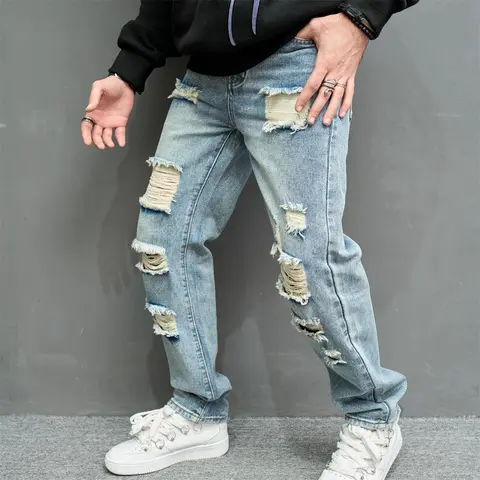 Men's Casual Ripped Cotton Denim Jeans - Asia Sizing, Plain, Stylish, 00s Men's Jeans, 2000s Throwback, Blue Straight-Leg, Loose-Fit, Floor-Length, Wash Effect, Alternative Style, Hip-Hop Streetwear, Menswear Grunge Aesthetic