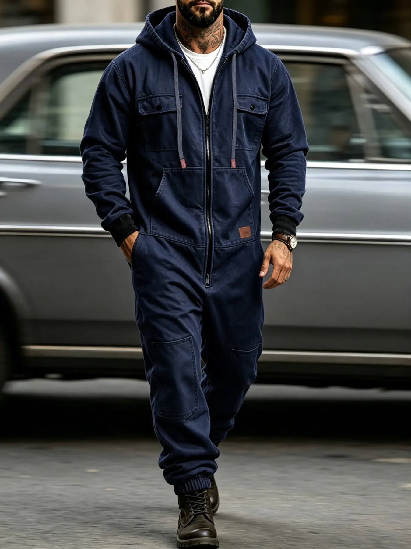 Men's American Heavyweight Hooded Cargo Jumpsuit, Full‑Zip Multi‑Pocket Lumberjack Work Coverall, Drawstring Hood Jogger Cuff One‑Piece Outfit, Loose Hip‑Hop Streetwear Jumpsuit for Outdoor Street Daily Wear, Multi‑Colors Plus Size M‑2XL