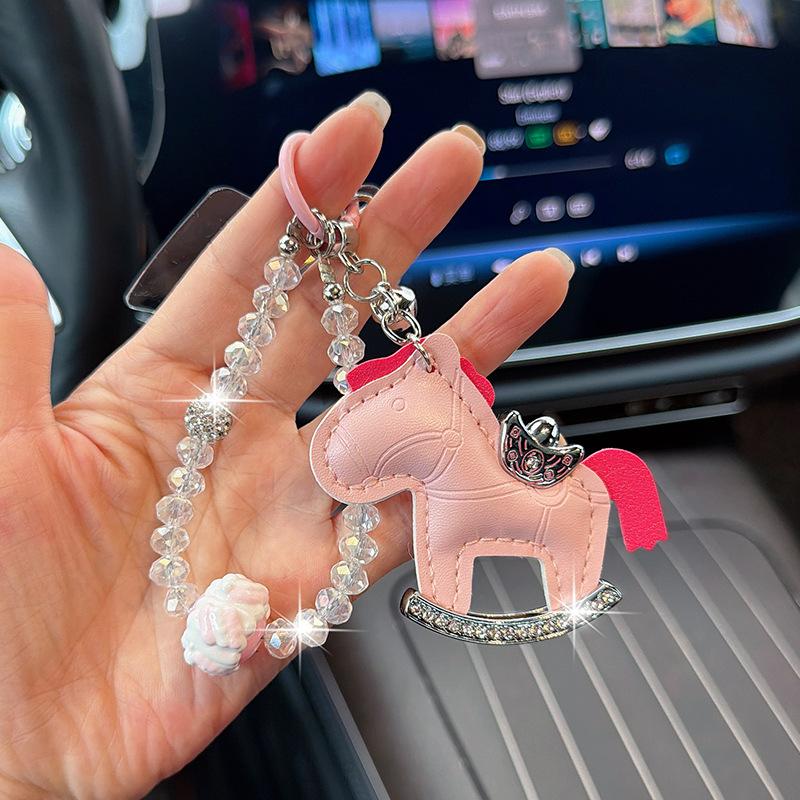 Viral Bling Leather Rocking Horse Keychain, Cute Rhinestone Pony Bag Charm, Luxury Car Key Ring Accessory for Women