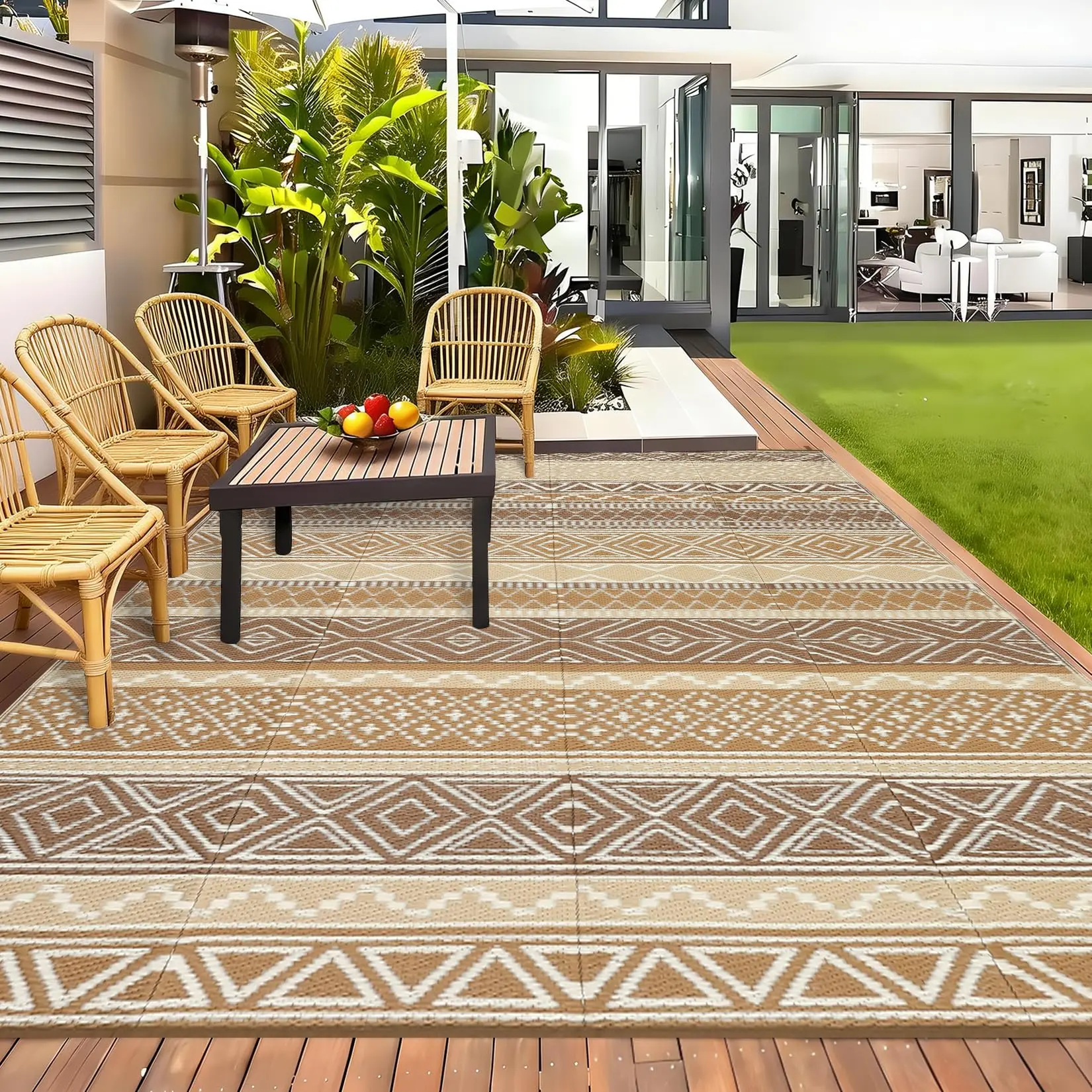 【GARVEE】Waterproof Outdoor Rug 10x20 – Reversible Patio Rug, Portable Plastic Straw Rugs for Camping – Outdoor RV Mat for Camper – Large Outdoor Rugs for Backyard, Picnic, Beach, Deck, Porch, Balcony – Brown/Tan