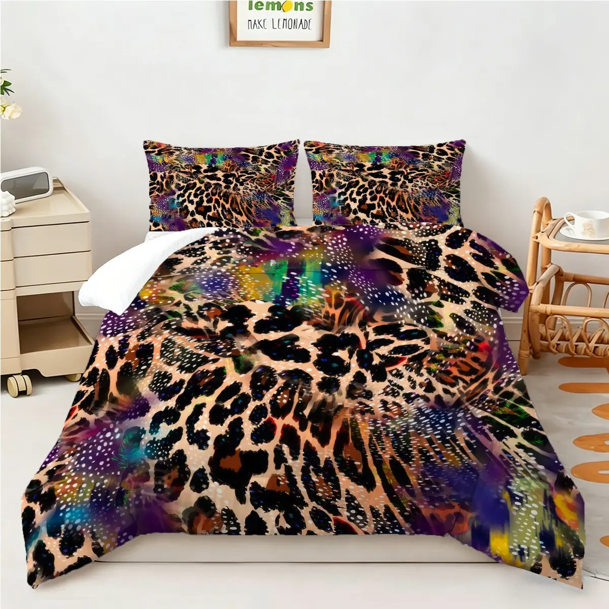 2/3Pcs Leopard Print Comforter Set, Multicolor Printed Bedding Set, Soft Quilted Quilt, Bold Edgy Aesthetic Bedroom Decor, for Teen & Leopard Print Fans. 1 or 2 Pillowcase, No Filling