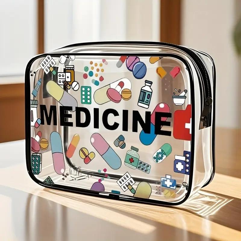 Medicine Theme PVC Zipper Makeup Bag, Travel Cosmetic Bag, Large Capacity Lightweight Travel Organizer, Easy Clean & Fade Resistant Design, Tsa Certified Daily Use Kit
