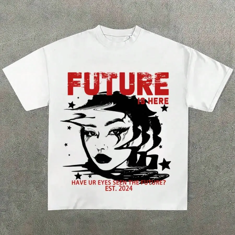 Soft Cotton Crew Neck T shirt Retro Future Is Here Stylish Woman Grunge Art Print Unisex Oversized Short Sleeve Top For Outdoor Hiking Road Trip Daily Casual Outfit