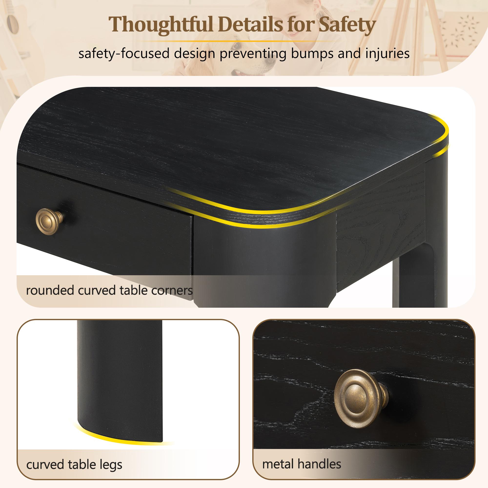 TREXM Rustic Console Table with Curved Corners for Safety, Entryway Table with 3 Concealed Drawers, Sturdy Sofa Table with Thick Legs for Hallway & Living Room