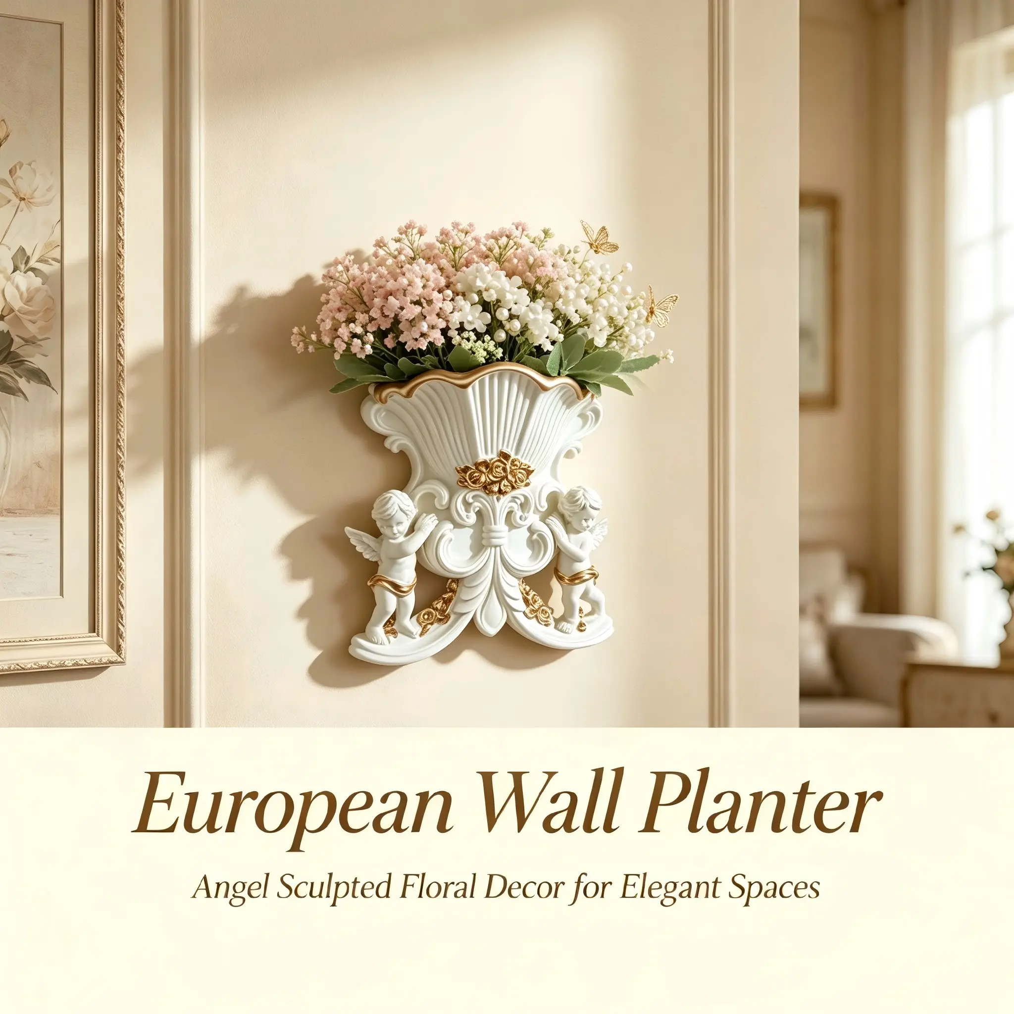 European Angel Wall-Mounted Flower Pot Decor, Baroque Carved Resin Hanging Vase, Vintage Gold Wall Art, Home Wall Decoration, Flower Vases, Decorative Vase