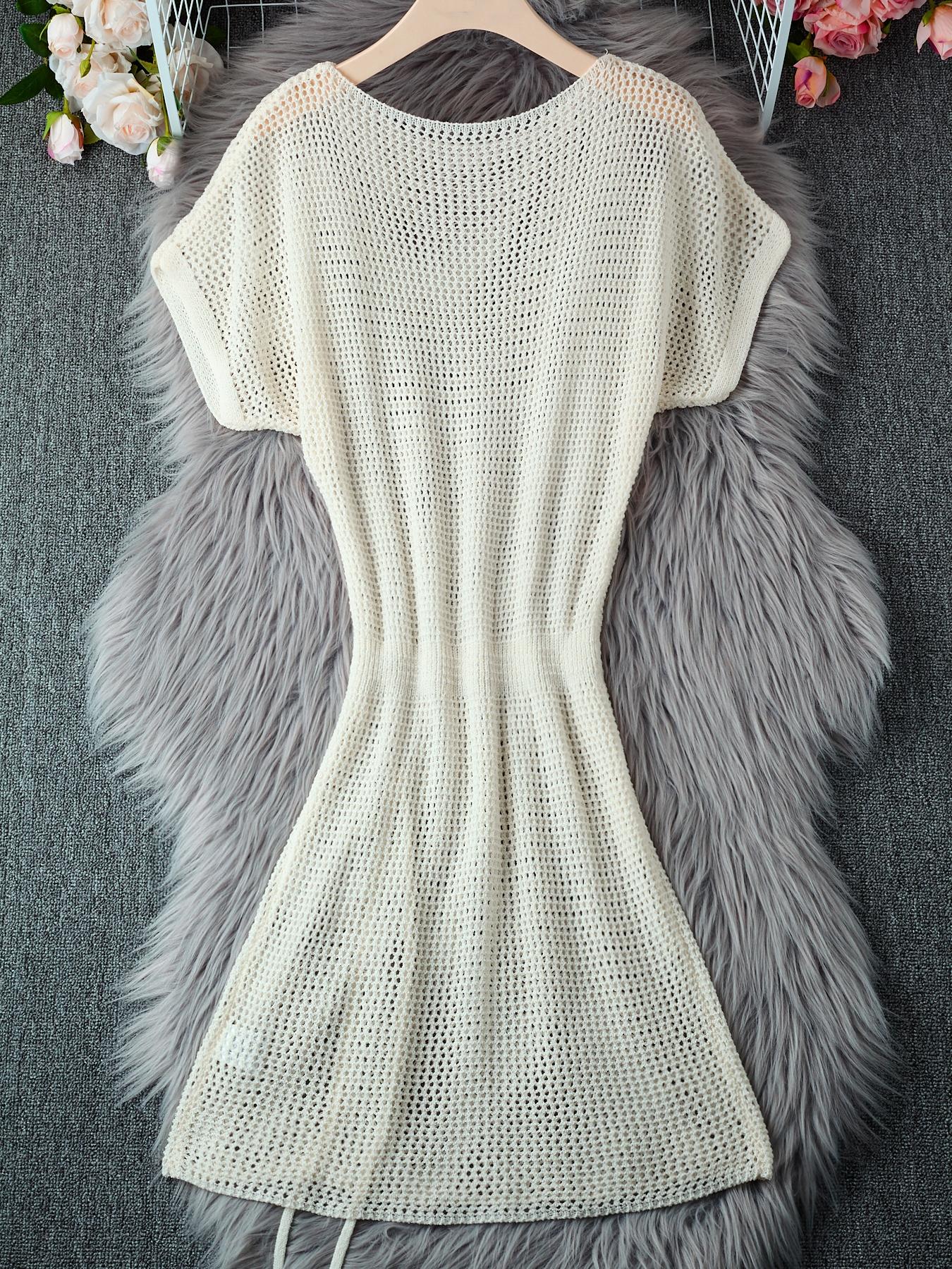 Women's Solid Color Hollow Out Knit Sweater Dresses, Casual Fashion Round Neck Drawstring Dresses, Ladies Summer Clothes for Daily Wear, Womenswear