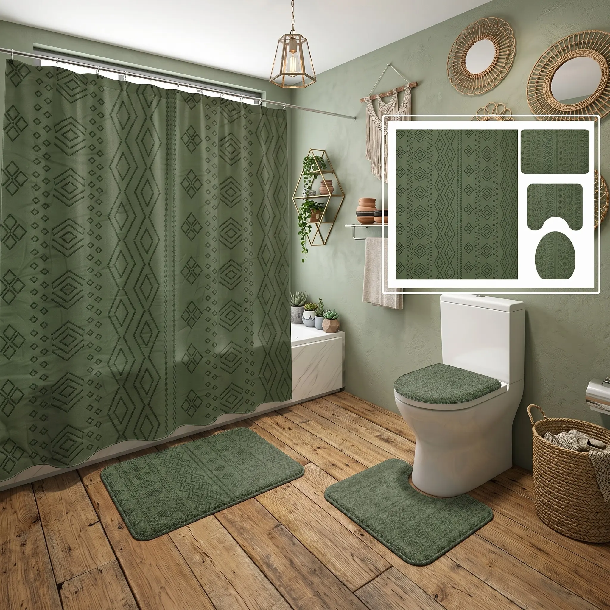4pcs Sage Green Shower Curtain Set, Boho Geometric Diamond Pattern, U-Shaped Contour Mat, The floor mat fabric is thicker and softer! Rustic Farmhouse Bathroom Decor, Fall Thanksgiving Gift, Boho Shower Curtains for Bathroom