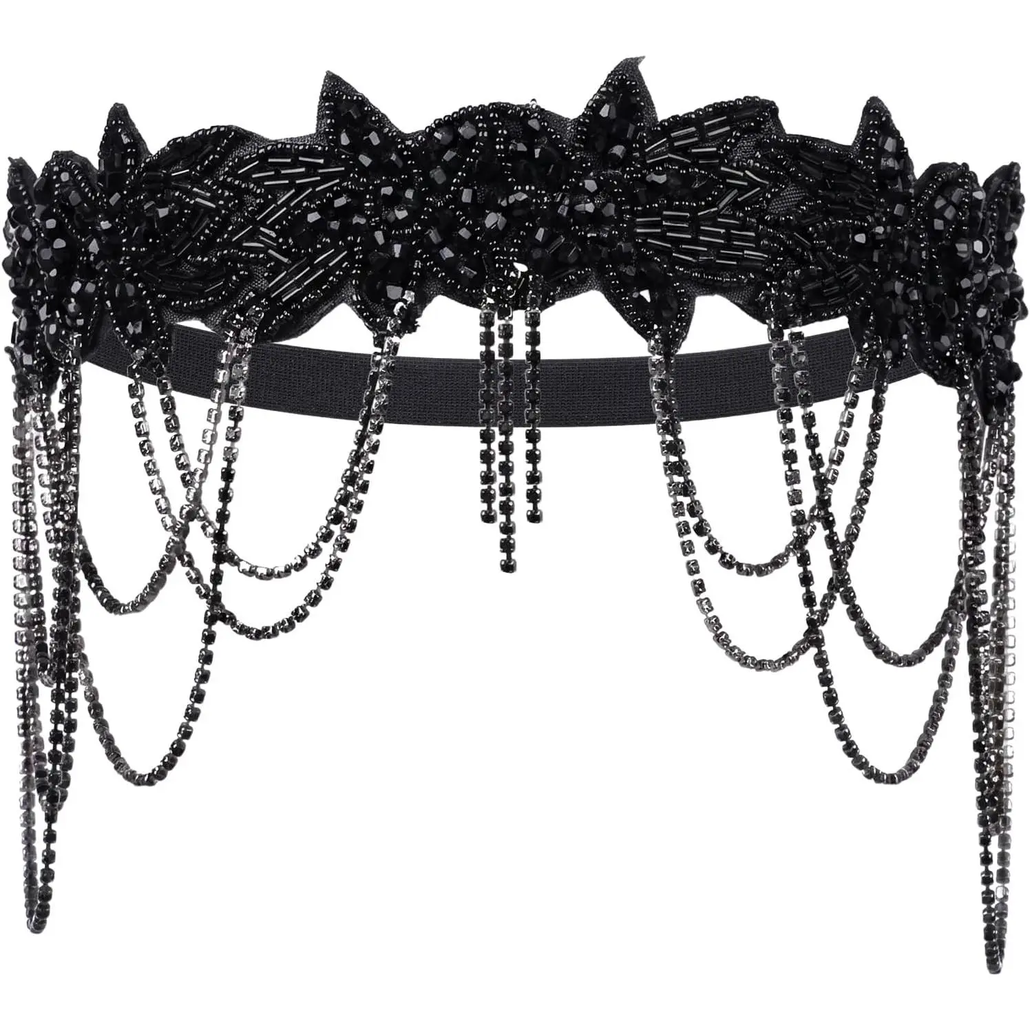1920s Flapper Headpiece, Black Bead Headpiece Roaring 20s Headband   Headband with Rhinestone Tassel for Women  Hair Accessory