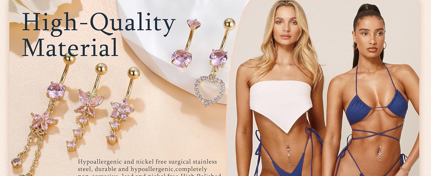 2025 Trendy Summmer Hypoallergenic 14G Dangle Belly Button Piercing Rings  Cute CZ Flower/Butterfly/Heart Designs Surgical Steel Navel Jewelry for Women