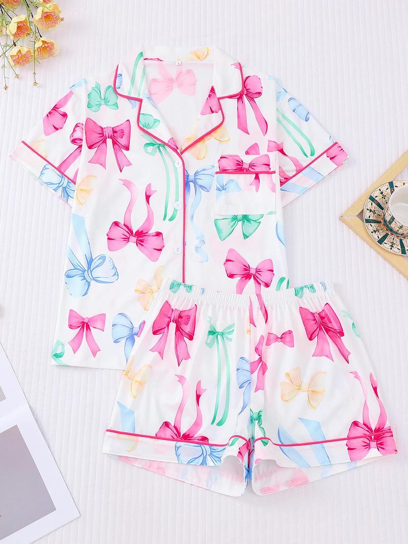 Women's All Over Bow Print Shortsleeve Lapel Shirt & Bow Decor Elastic Waist Shorts Pajama Two-piece Set, Casual Comfy Button Front Pocket Top & Ruffle Hem Shorts Set, Ladies Summer Sleepwear, Loungewear, Lounge Clothes, Cozy Lounge Set