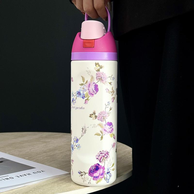 Floral Pattern Vacuum Flask, 1 Count 24oz-32oz-40oz Insulated Double Wall Stainless Steel Water Bottle, Stainless Steel Thermal, Drinking Cup for Home Office School Travel, Drinkware, Insulated Thermos, Stainless Steel Tumbler