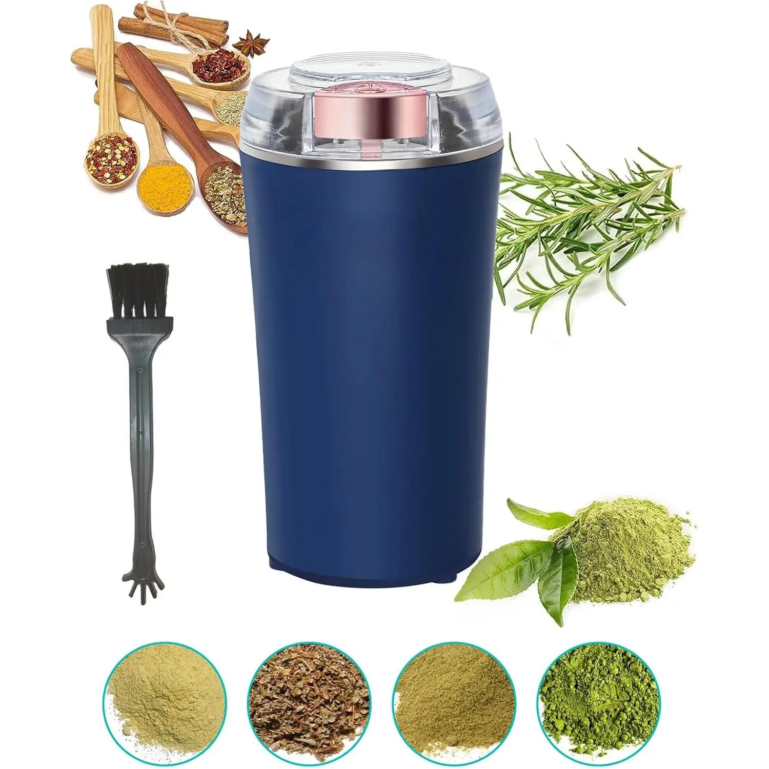 Electric Herb Grinder 200W Powerful Fast Grinding  Dry Spices Flower Buds with Brush, Easy On/Off One-Touch Push Button Powder Grinder Perfect For Herbs, Spices, Nuts, Grains and Coffee Beans