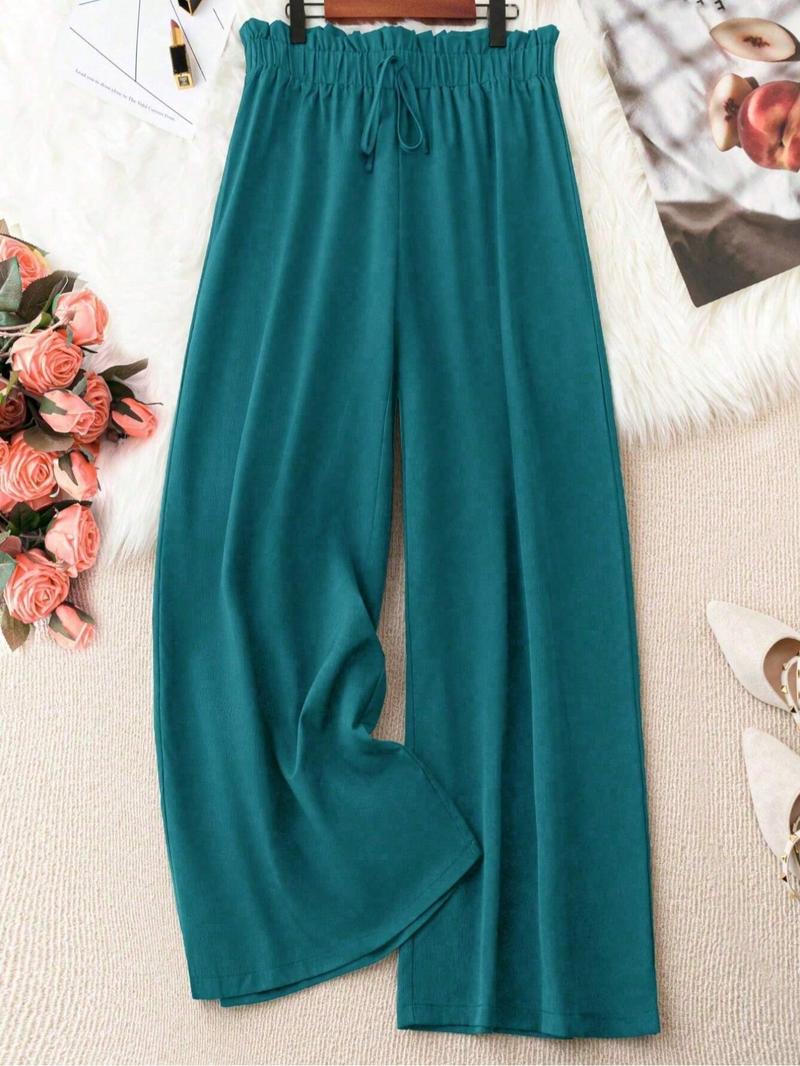 Plus Size Solid Knot Front Elastic Waist Wide Leg Pants, Casual Style Loose Trousers for Daily Wear, Women's Bottoms for Spring & Summer, Womenswear