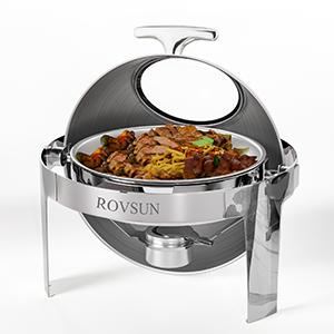 ROVSUN Roll Top Chafing Dish Buffet,6 Quart Round Stainless Steel Chafer for Catering,Buffet Servers and Warmers Set with Glass Window for Wedding, Parties, Banquet, Events，Graduation