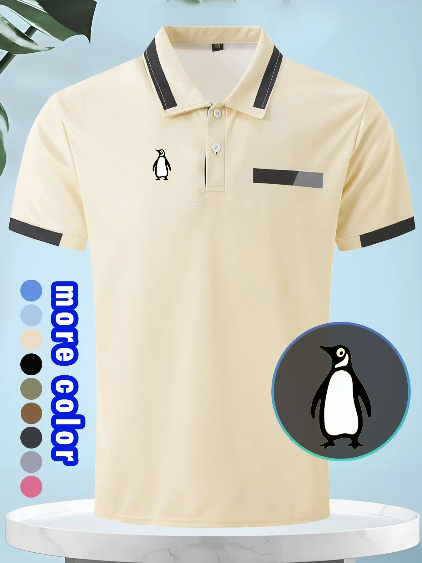 New Men's Casual Polo Shirt, Penguin Print Lapel Button Business Short Sleeve T-Shirt, Comfortable Breathable Fabric, Ideal for Leisure, Vacation, Sports