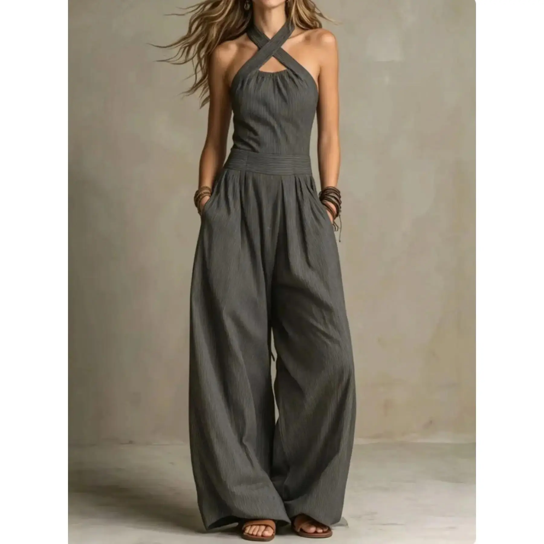 Women's High-Waisted Pleated Romper, Boho Bohemian Cross-Neck Wide Leg, Lightweight Commuter, Casual Loose-Fit, All Seasons
