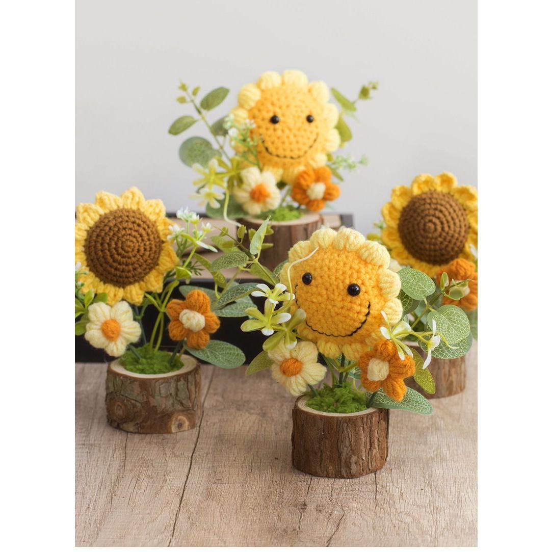 Finished Hand-Woven Potted Plant Yarn Crochet Sunflower Bouquet Handmade Gift Home Decor Knitted Artificial Flower